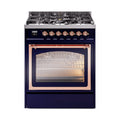 ILVE Nostalgie II Noblesse 30-Inch Natural Gas Dual Fuel Range with Triple Glass Door in Midnight Blue with Copper Trim (UN30NMPMBP)