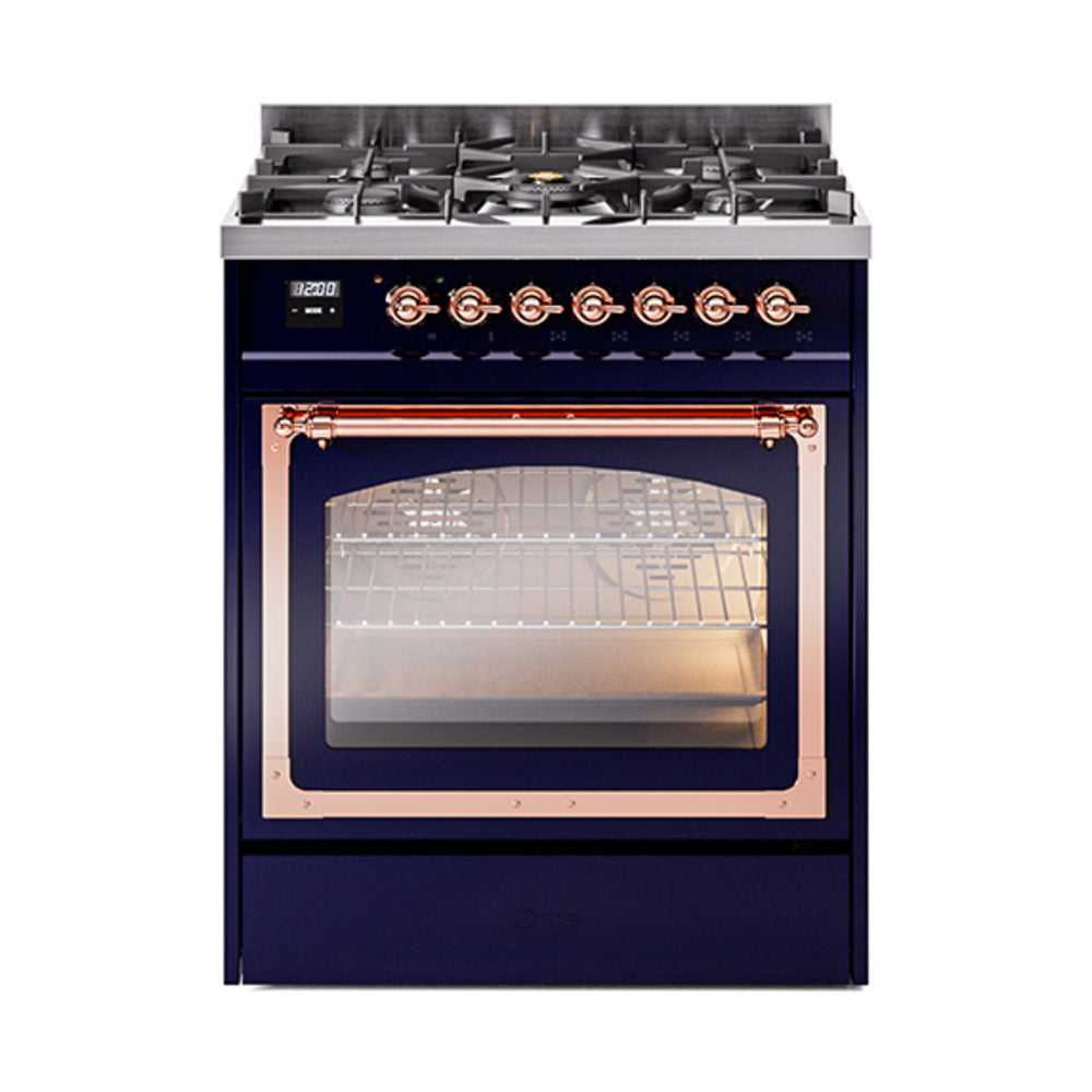 Midnight blue dual-fuel range with copper trim, glass oven door and cooktop burners