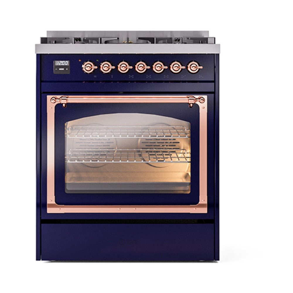 Midnight blue dual-fuel range with copper trim, open triple glass door and control panel