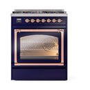 ILVE Nostalgie II Noblesse 30-Inch Propane Gas Dual Fuel Range with Triple Glass Door in Midnight Blue with Copper Trim (UN30NMPMBPLP)