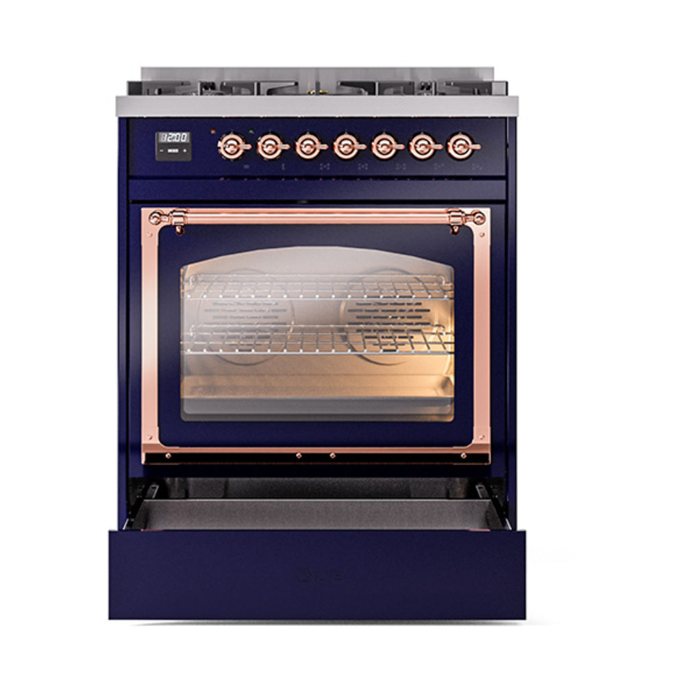 Midnight blue dual-fuel range with copper trim and closed triple glass oven door