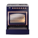 ILVE Nostalgie II Noblesse 30-Inch Propane Gas Dual Fuel Range with Triple Glass Door in Midnight Blue with Copper Trim (UN30NMPMBPLP)