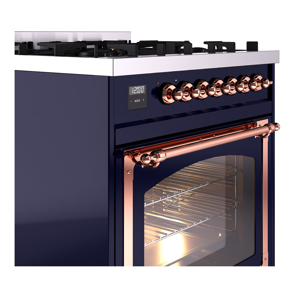 Midnight blue dual-fuel range side view with copper knobs and lit oven window