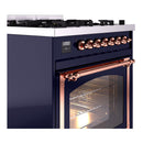 ILVE Nostalgie II Noblesse 30-Inch Propane Gas Dual Fuel Range with Triple Glass Door in Midnight Blue with Copper Trim (UN30NMPMBPLP)