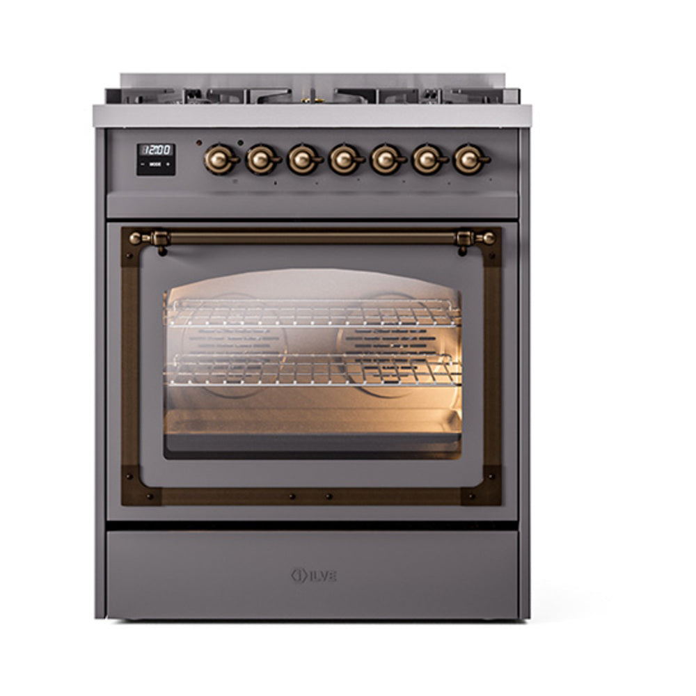 ILVE dual fuel range with bronze control knobs and triple glass oven door, oven lit