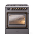 ILVE Nostalgie II Noblesse 30-Inch Natural Gas Dual Fuel Range with Triple Glass Door in Matte Graphite with Bronze Trim (UN30NMPMGB)
