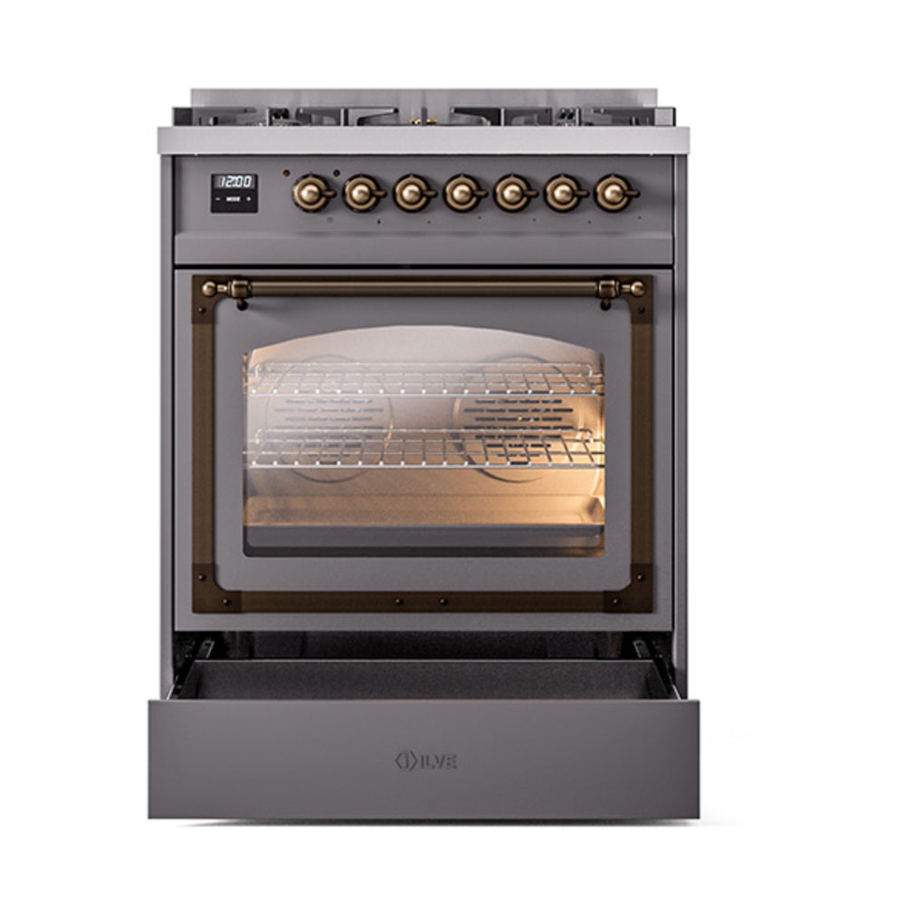 Matte graphite dual fuel range with lit oven interior and bronze-trimmed glass door open