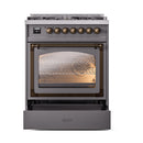 ILVE Nostalgie II Noblesse 30-Inch Natural Gas Dual Fuel Range with Triple Glass Door in Matte Graphite with Bronze Trim (UN30NMPMGB)