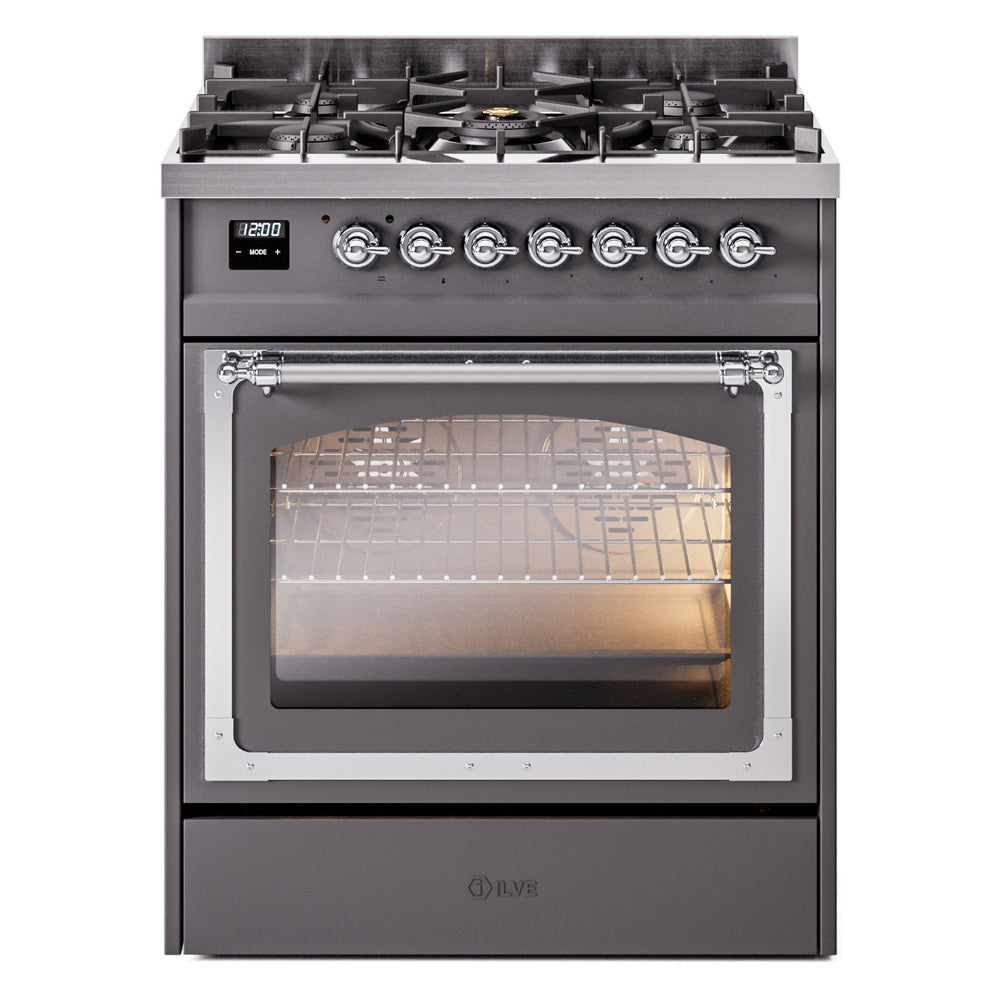 Matte graphite dual-fuel range with triple-glass oven door and chrome-trim control panel