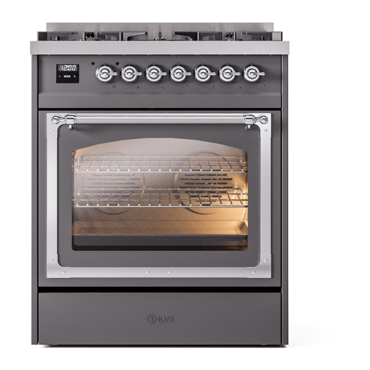 Matte graphite range with open triple-glass oven door showing racks and cooktop burners
