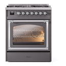 ILVE Nostalgie II Noblesse 30-Inch Natural Gas Dual Fuel Range with Triple Glass Door in Matte Graphite with Chrome Trim (UN30NMPMGC)