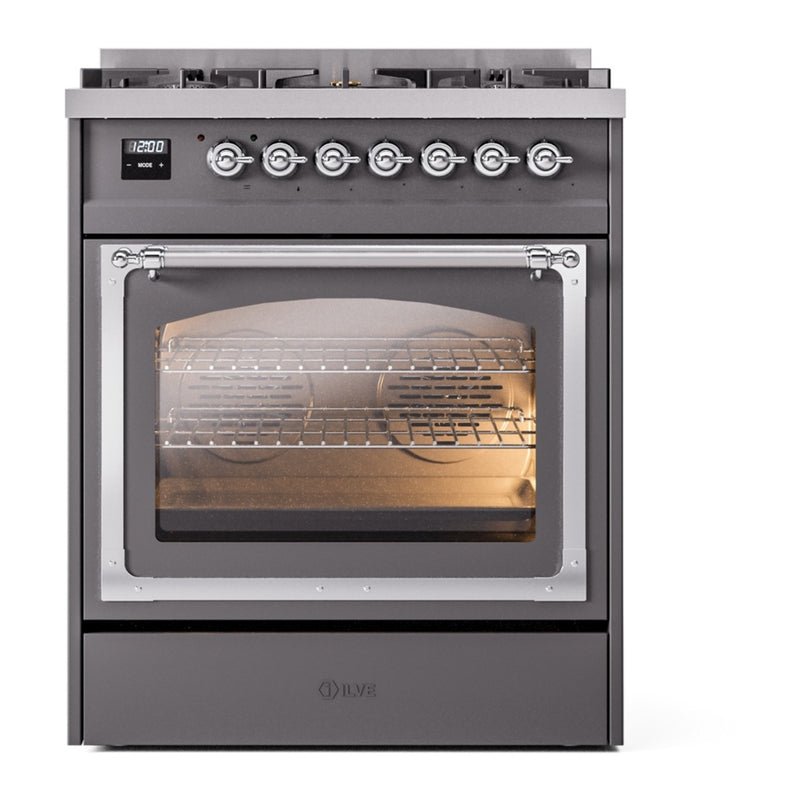 ILVE Nostalgie II Noblesse 30-Inch Dual Fuel Range with Triple Glass Door in Matte Graphite with Chrome Trim (UN30NMPMGC)