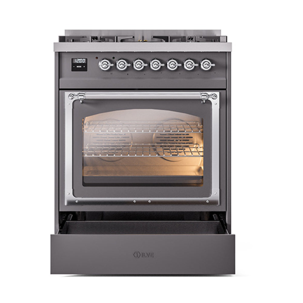 Dual-fuel gas range in matte graphite with chrome door frame; oven window shown