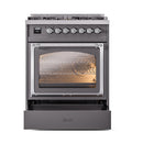 ILVE Nostalgie II Noblesse 30-Inch Natural Gas Dual Fuel Range with Triple Glass Door in Matte Graphite with Chrome Trim (UN30NMPMGC)
