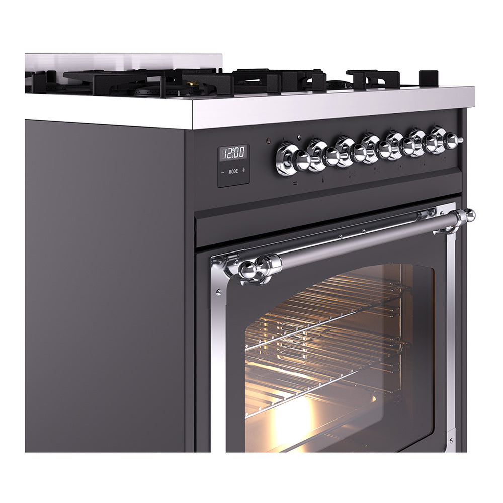 Dual-fuel gas range control panel with chrome knobs and oven door opening
