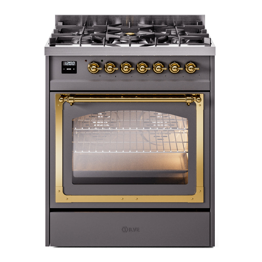 Dual fuel range with matte graphite finish, brass trim, triple glass oven door.