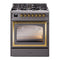 ILVE Nostalgie II Noblesse 30-Inch Natural Gas Dual Fuel Range with Triple Glass Door in Matte Graphite with Brass Trim (UN30NMPMGG)