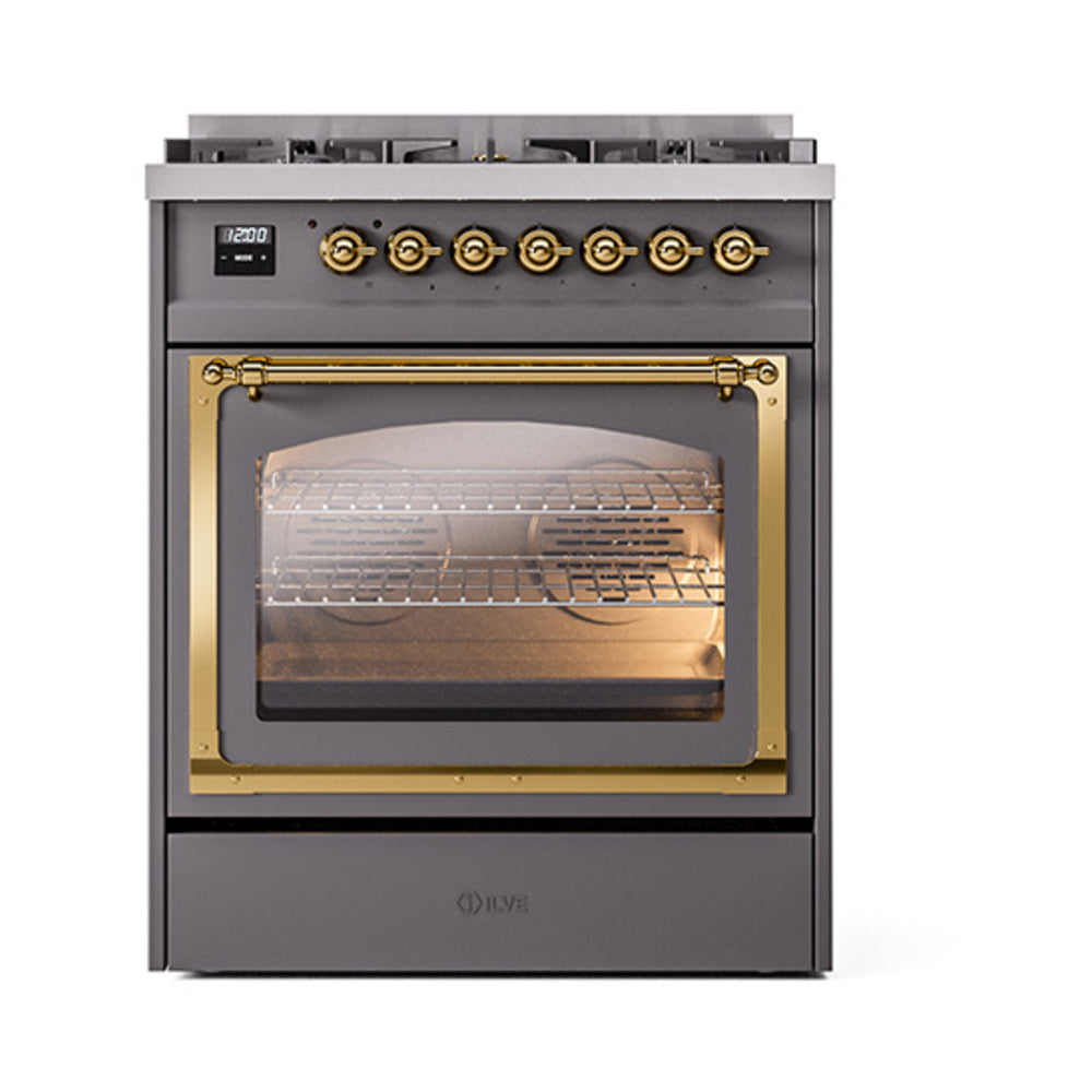 Dual fuel range with matte graphite body, brass-trimmed oven door, burners above.