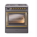 ILVE Nostalgie II Noblesse 30-Inch Natural Gas Dual Fuel Range with Triple Glass Door in Matte Graphite with Brass Trim (UN30NMPMGG)