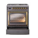 ILVE Nostalgie II Noblesse 30-Inch Propane Gas Dual Fuel Range with Triple Glass Door in Matte Graphite with Brass Trim (UN30NMPMGGLP)