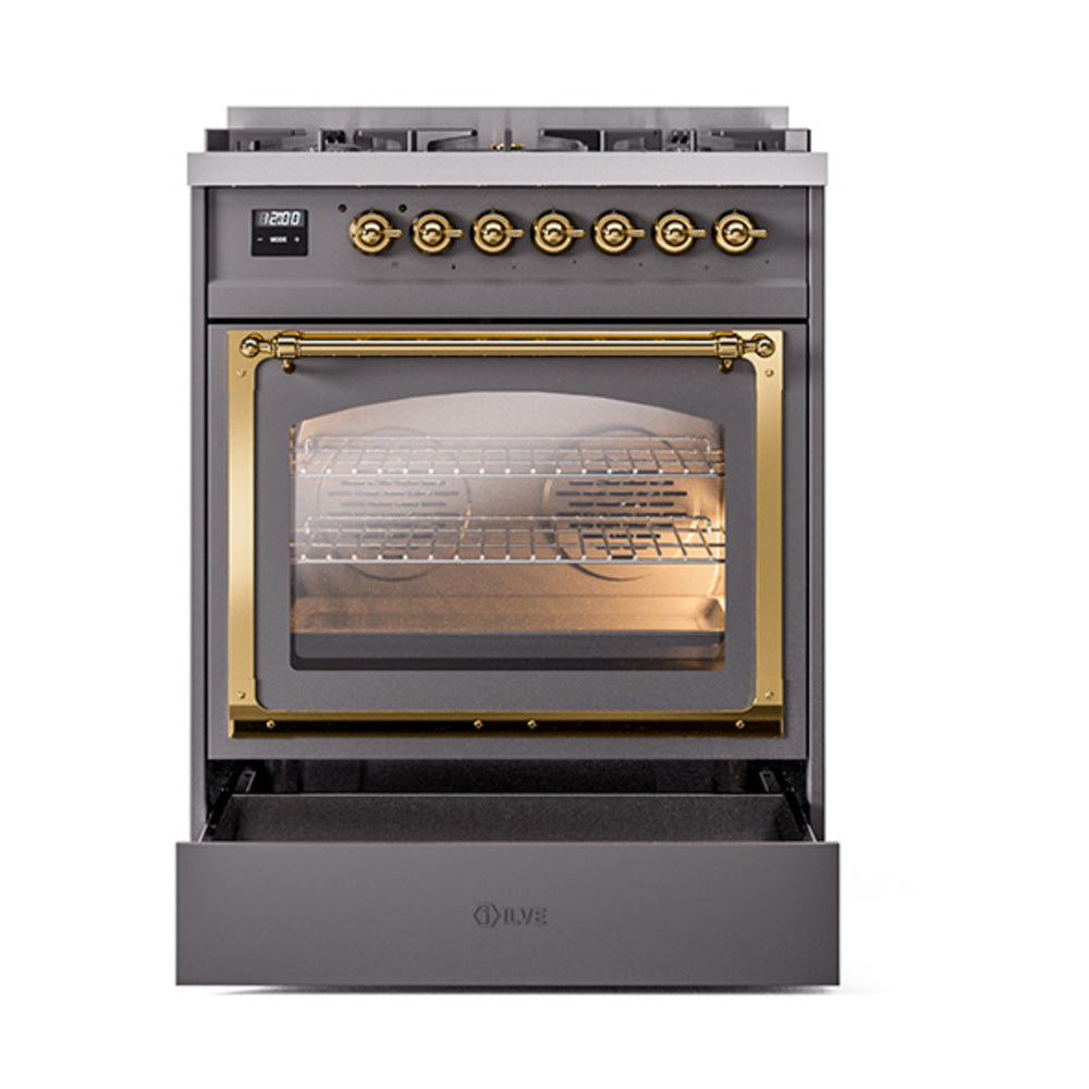 Matte graphite oven door with triple glass window and brass trim, knobs above.