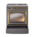 ILVE Nostalgie II Noblesse 30-Inch Natural Gas Dual Fuel Range with Triple Glass Door in Matte Graphite with Brass Trim (UN30NMPMGG)