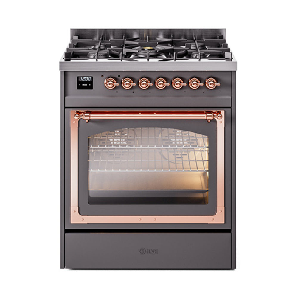 Matte graphite ILVE dual fuel range with triple-glass oven door and copper trim