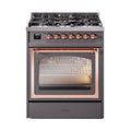 ILVE Nostalgie II Noblesse 30-Inch Natural Gas Dual Fuel Range with Triple Glass Door in Matte Graphite with Copper Trim (UN30NMPMGP)