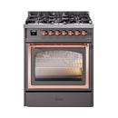 ILVE Nostalgie II Noblesse 30-Inch Natural Gas Dual Fuel Range with Triple Glass Door in Matte Graphite with Copper Trim (UN30NMPMGP)