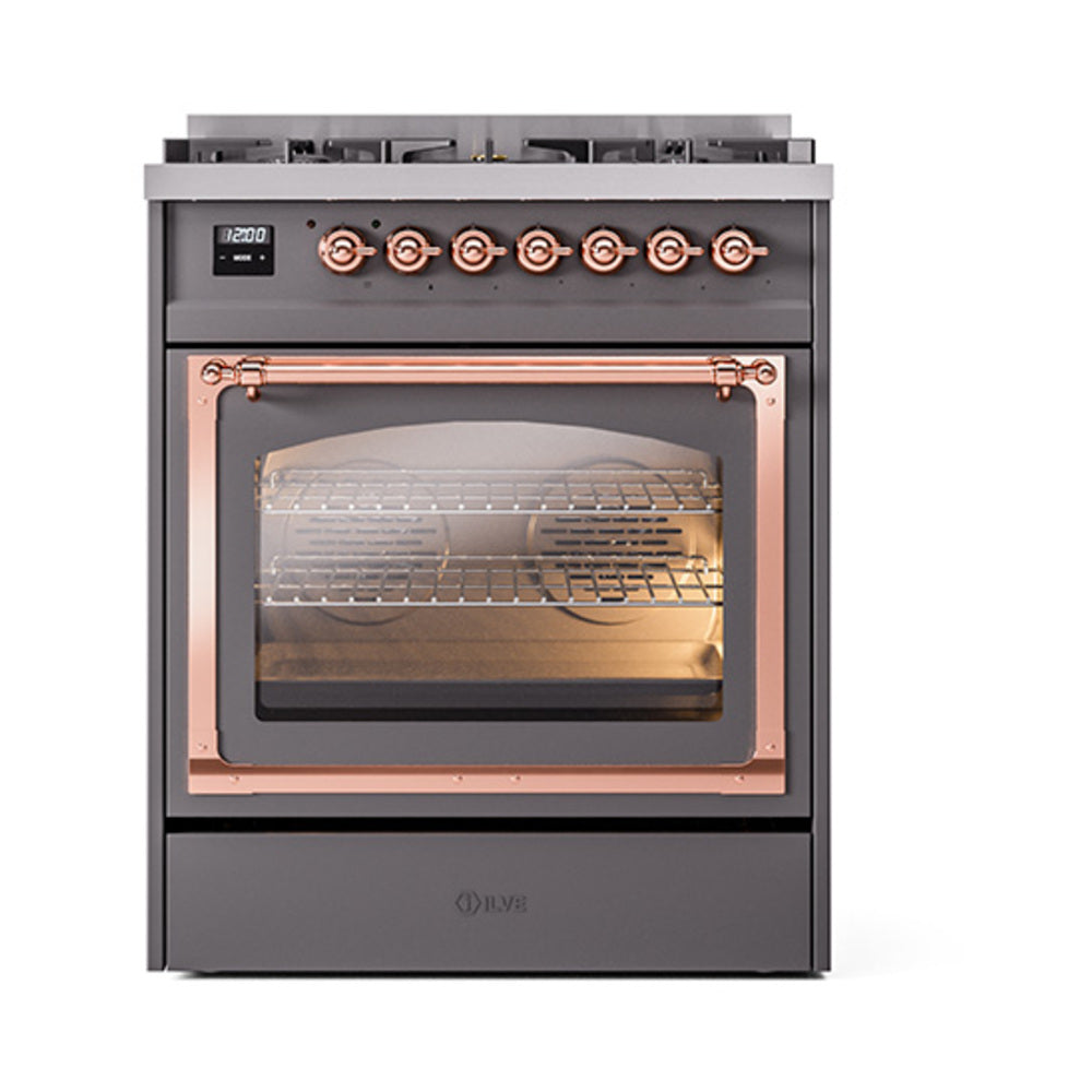 Matte graphite ILVE dual fuel range with open oven door and copper control accents