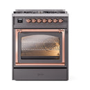 ILVE Nostalgie II Noblesse 30-Inch Natural Gas Dual Fuel Range with Triple Glass Door in Matte Graphite with Copper Trim (UN30NMPMGP)