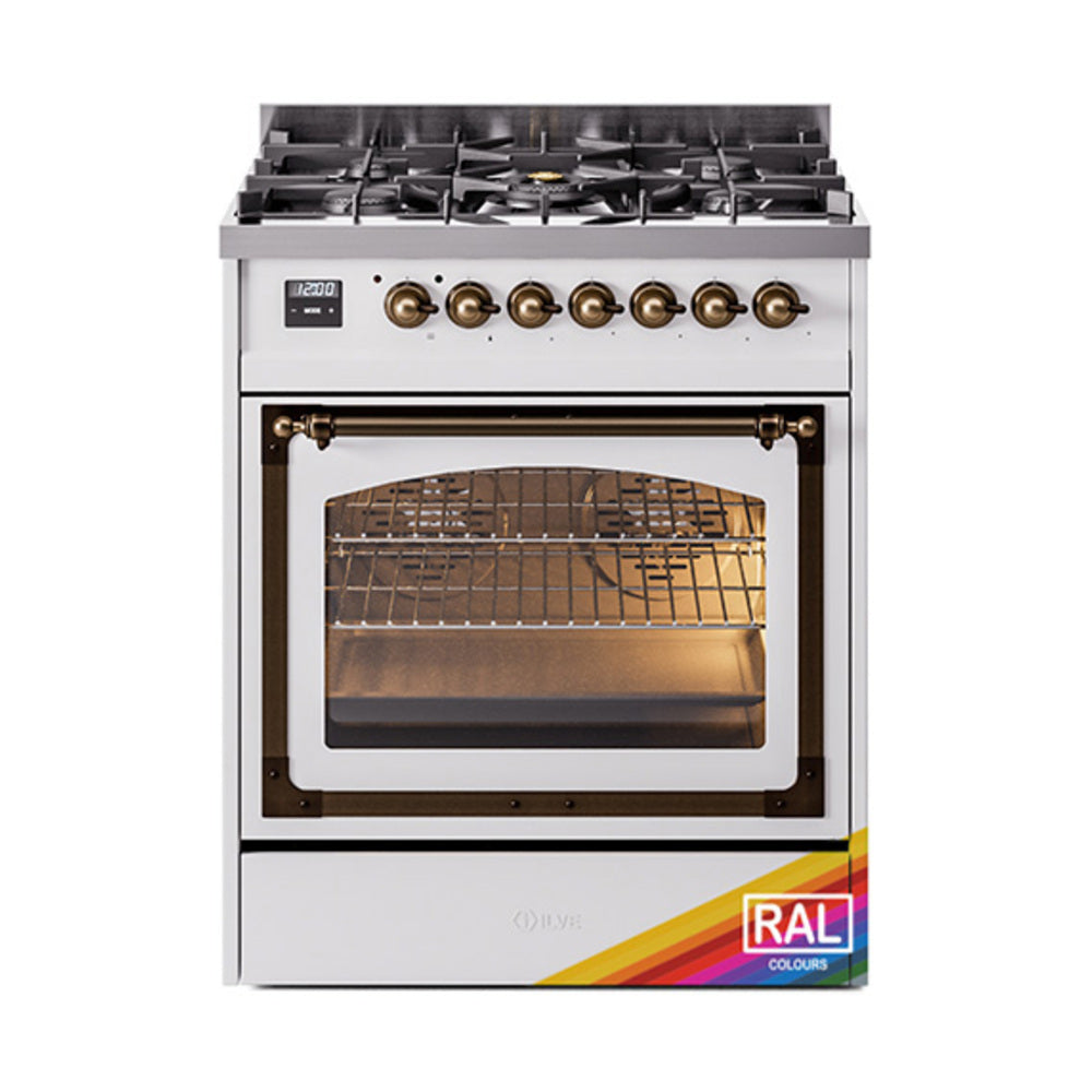ILVE dual fuel range with bronze control knobs and oven viewing window, white exterior