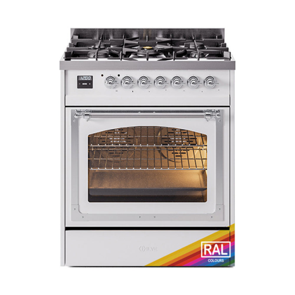 ILVE dual fuel range with triple glass door, open oven and chrome control knobs