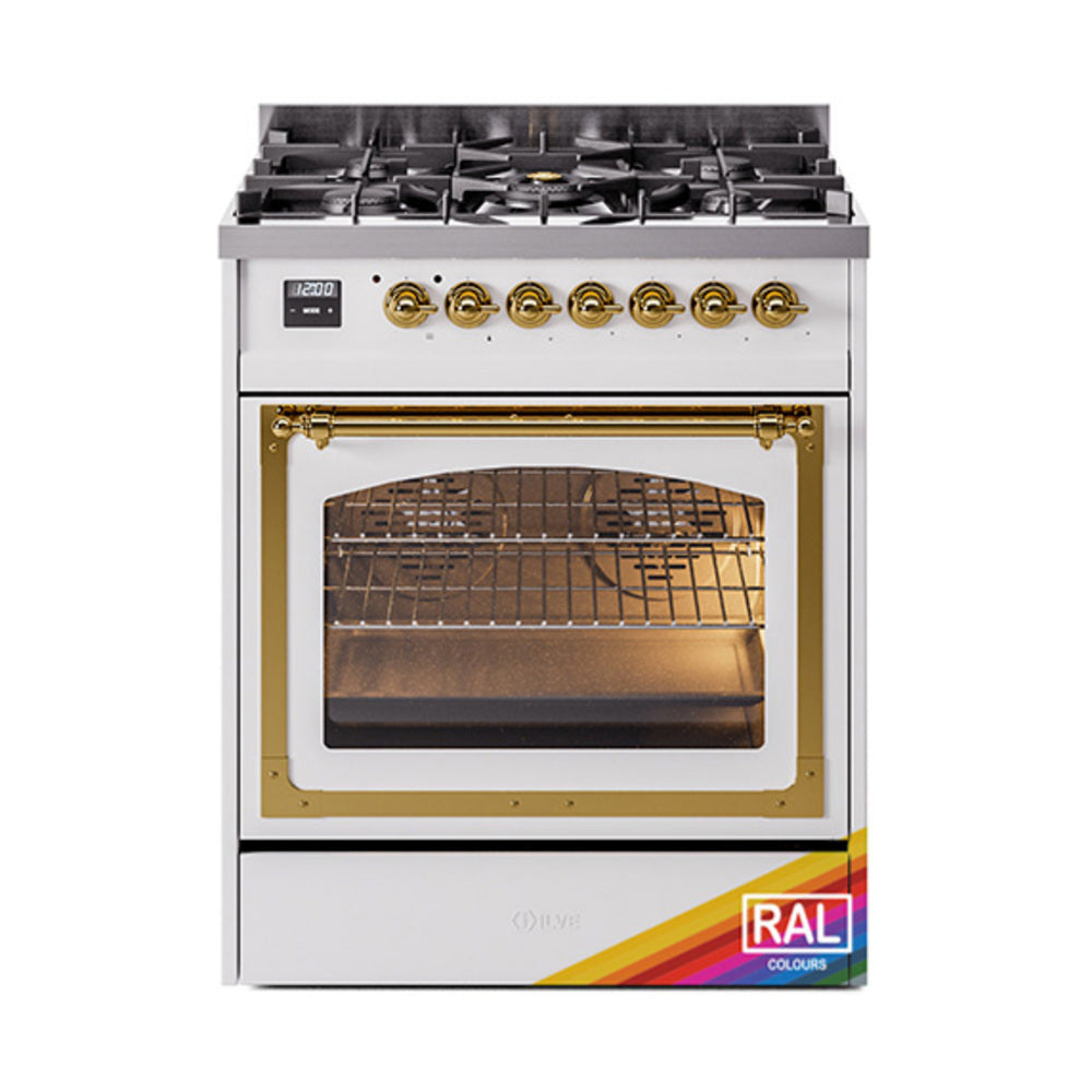 Propane dual-fuel gas range with triple-glass oven door and brass-trimmed frame, stainless body
