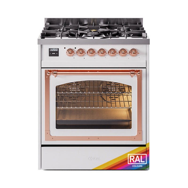 ILVE Nostalgie II Noblesse 30-Inch Dual Fuel Range with Triple Glass Door in Custom RAL with Copper Trim (UN30NMPRAP)