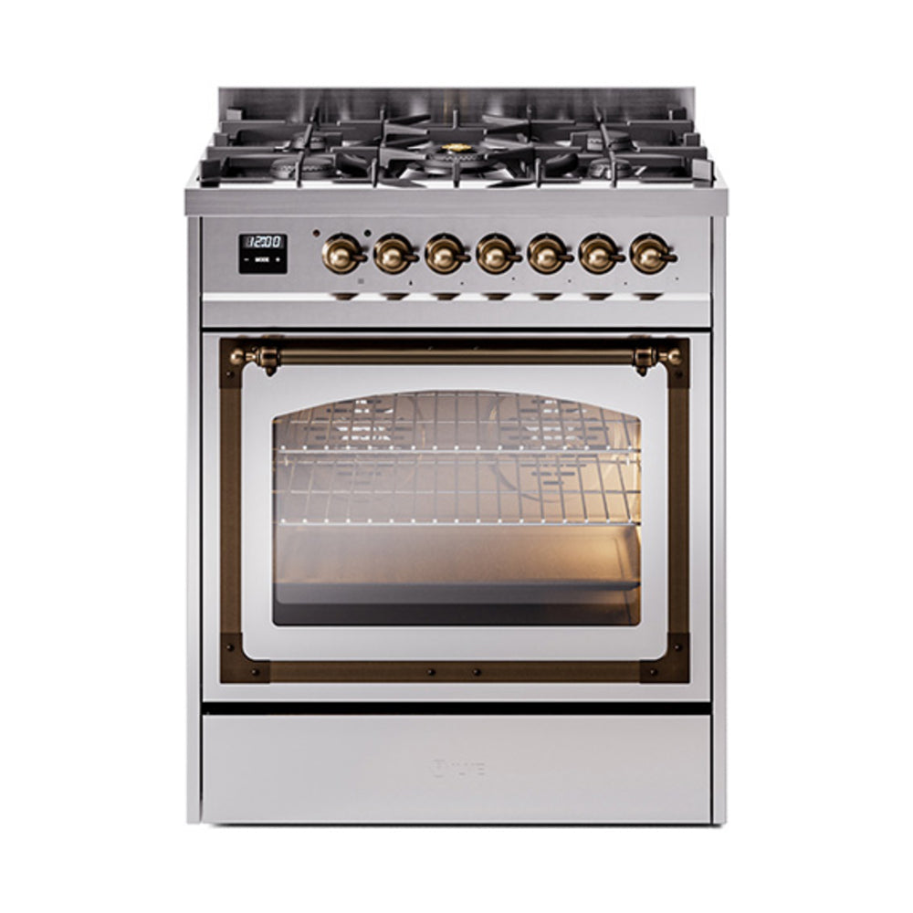 Stainless steel dual fuel range with bronze-trim oven door and triple glass window