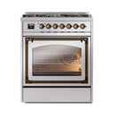 ILVE Nostalgie II Noblesse 30-Inch Natural Gas Dual Fuel Range with Triple Glass Door in Stainless Steel with Bronze Trim (UN30NMPSSB)