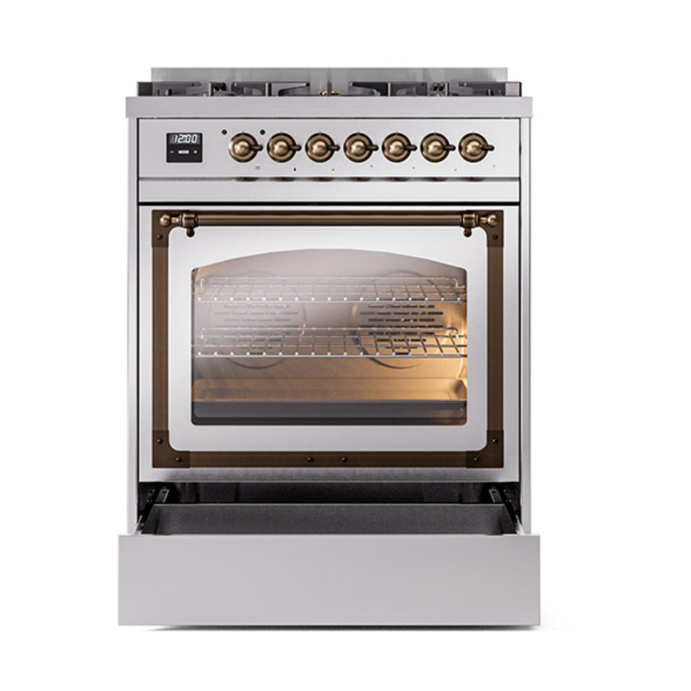Stainless steel gas range with bronze-trim control panel and oven window door open