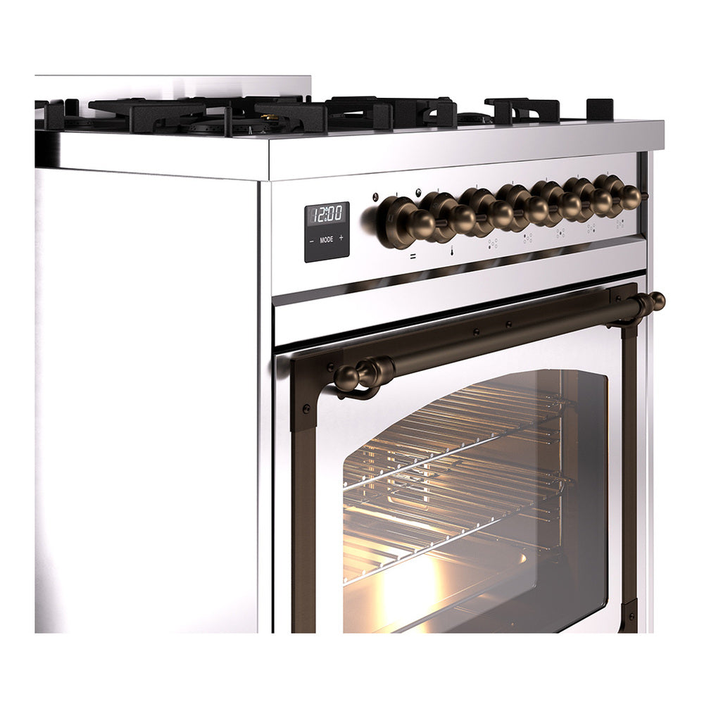 Dual fuel range with bronze knobs, stainless control panel, and open oven door