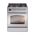 ILVE Nostalgie II Noblesse 30-Inch Natural Gas Dual Fuel Range with Triple Glass Door in Stainless Steel with Chrome Trim (UN30NMPSSC)