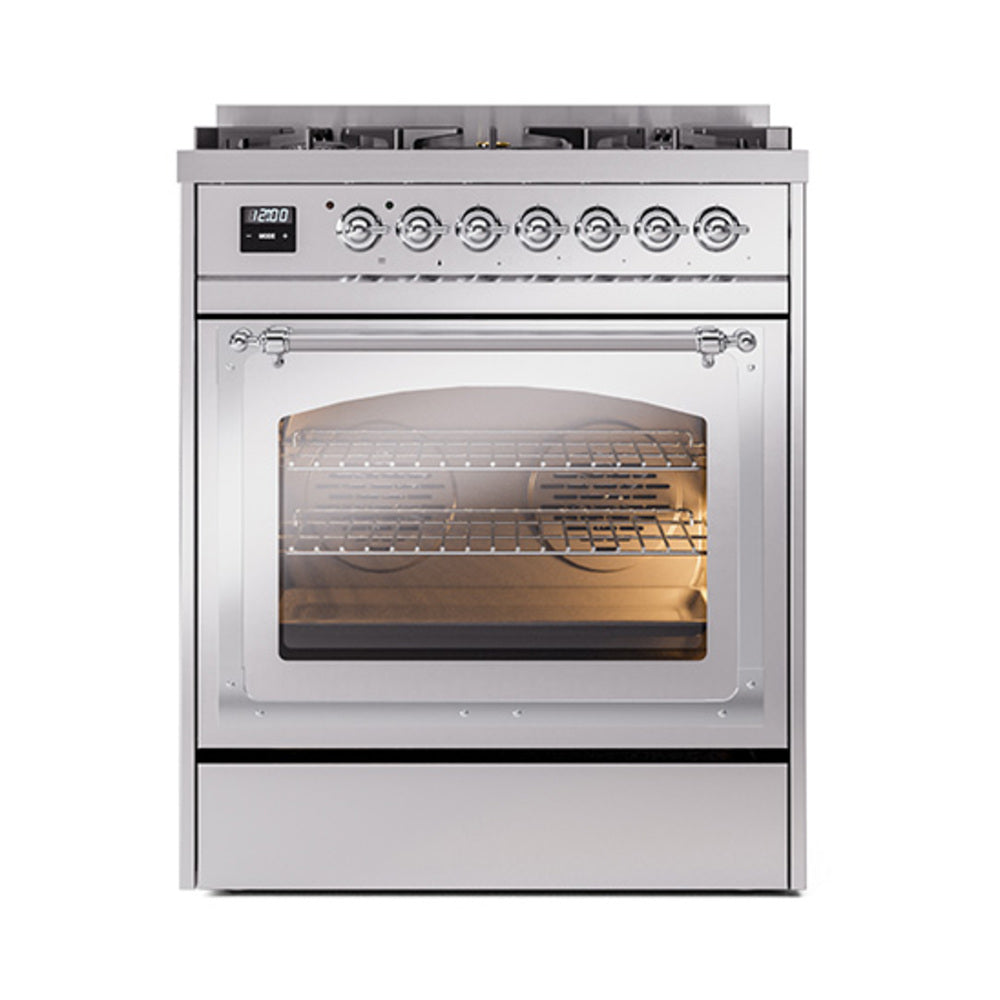 Stainless dual fuel gas range front with triple-glass oven window and burner control knobs