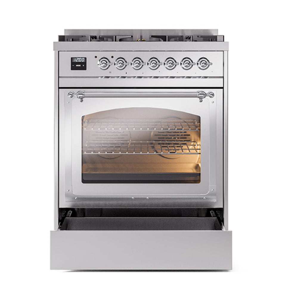 Open stainless dual fuel range oven door showing racks behind the glass window