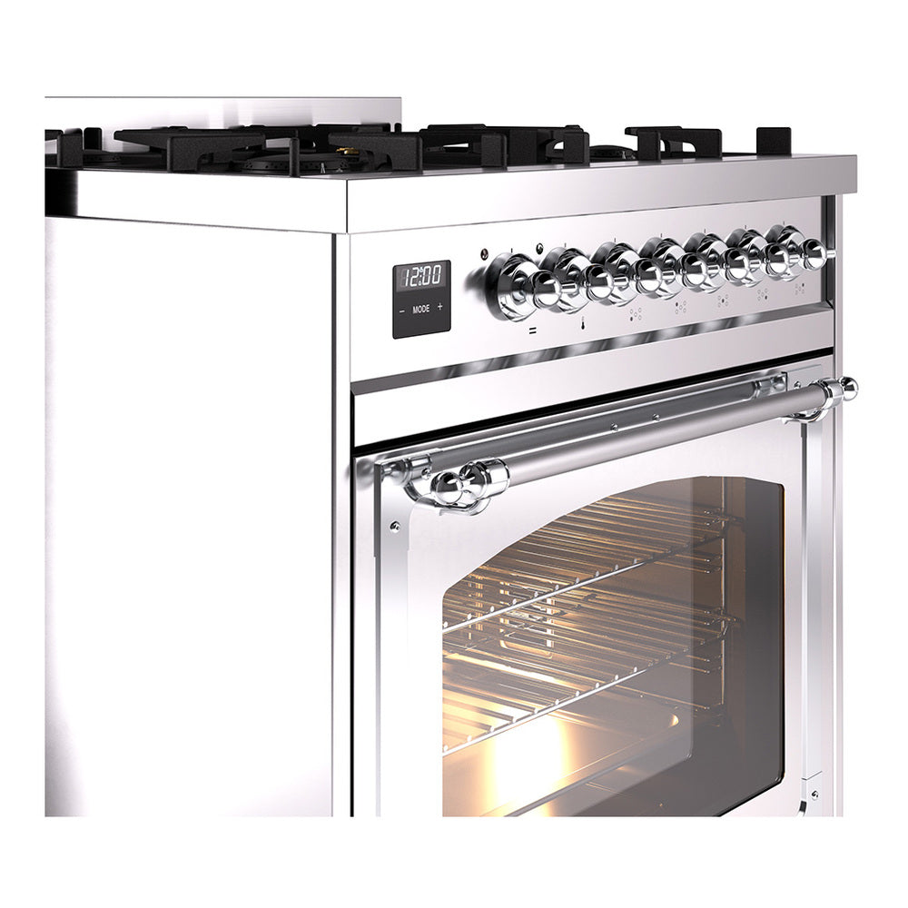 Stainless steel dual fuel range with chrome rail, control panel, and lit oven window