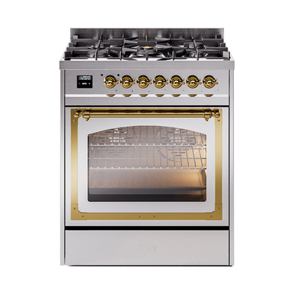 Stainless gas dual-fuel range with triple glass door and brass trim