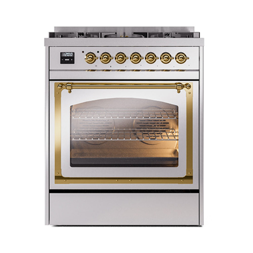 Stainless range door with brass-trimmed frame and illuminated interior