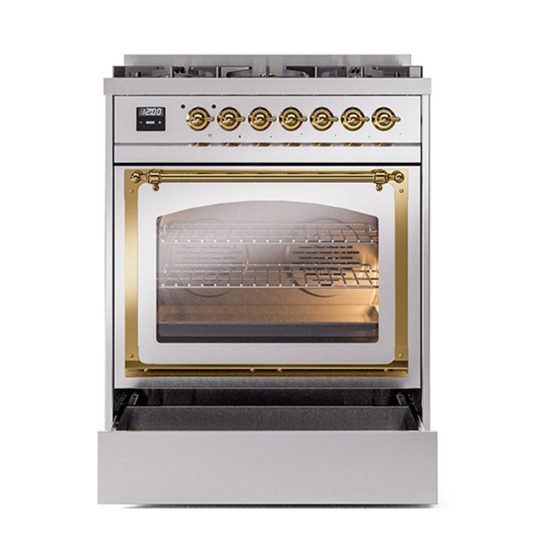 ILVE Nostalgie II Noblesse 30-Inch Dual Fuel Range with Triple Glass Door in Stainless Steel with Brass Trim (UN30NMPSSG)