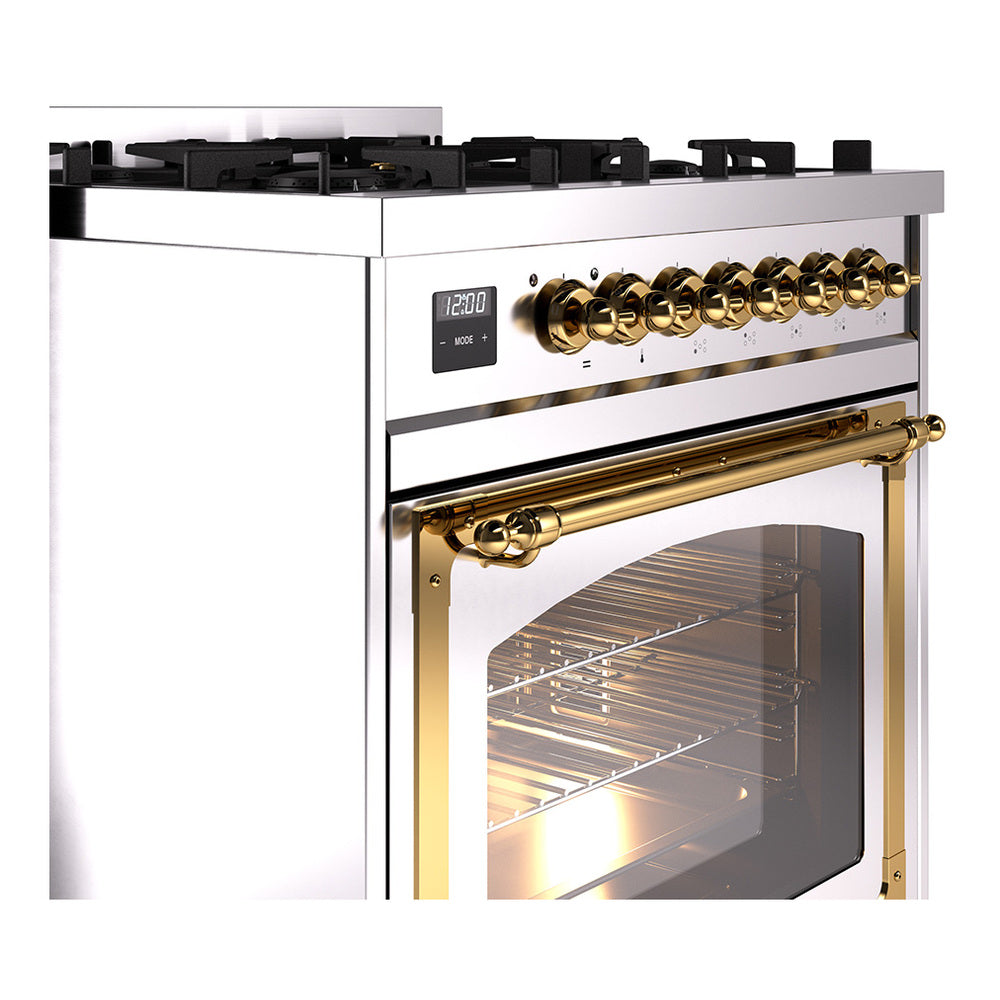 Stainless steel range control panel with brass knobs and open oven door with glass