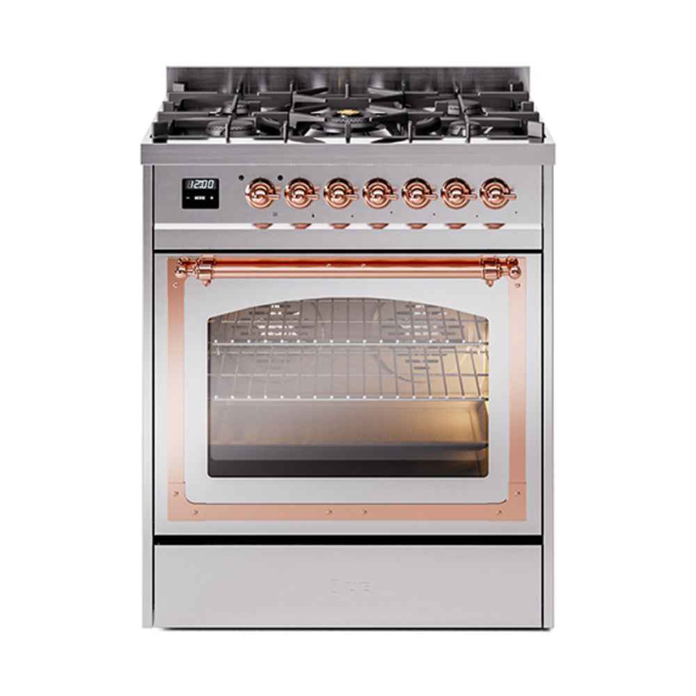 Stainless steel dual fuel gas range with copper-trim control panel and triple glass door