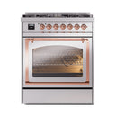 ILVE Nostalgie II Noblesse 30-Inch Natural Gas Dual Fuel Range with Triple Glass Door in Stainless Steel with Copper Trim (UN30NMPSSP)