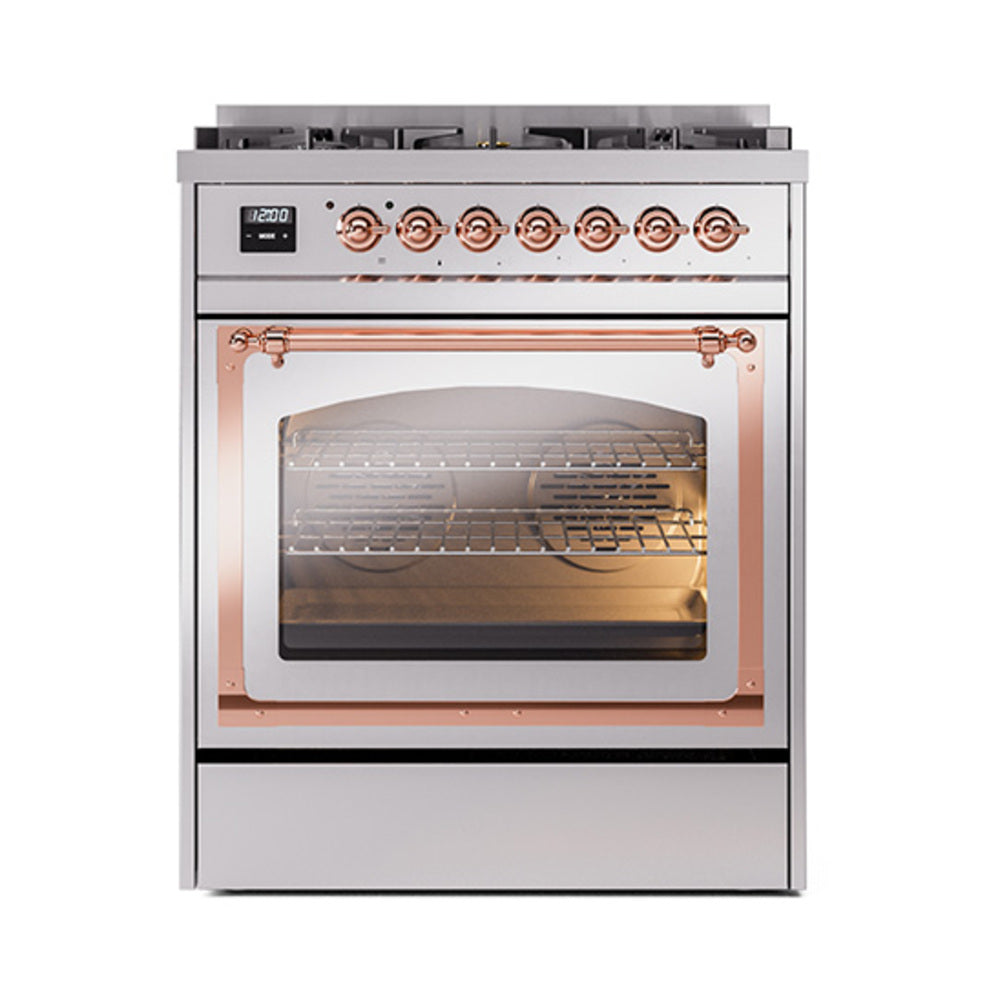 Stainless steel dual fuel gas range with copper-trim triple glass oven door and burner knobs